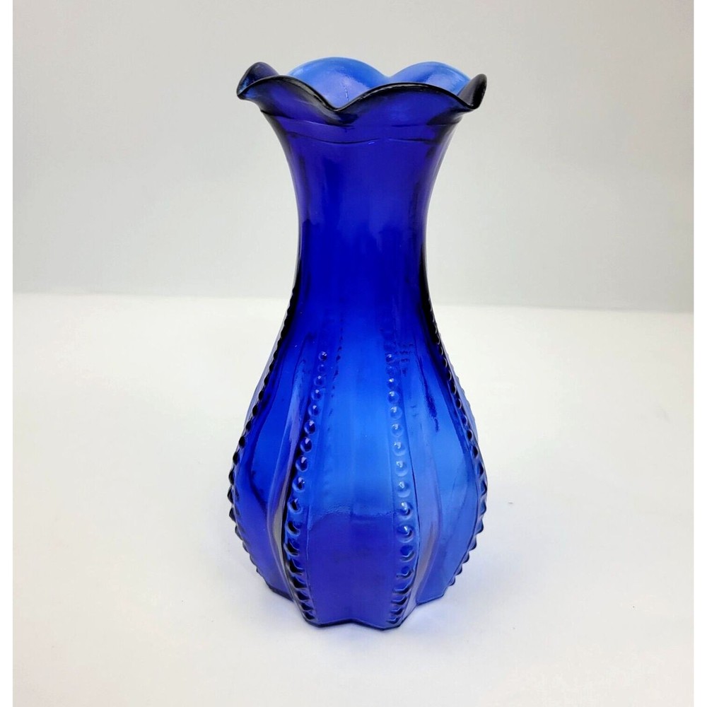 Vintage Indiana Glass Cobalt Blue Beaded Rib Vase Ruffle Rim Edge #2 USA 7"